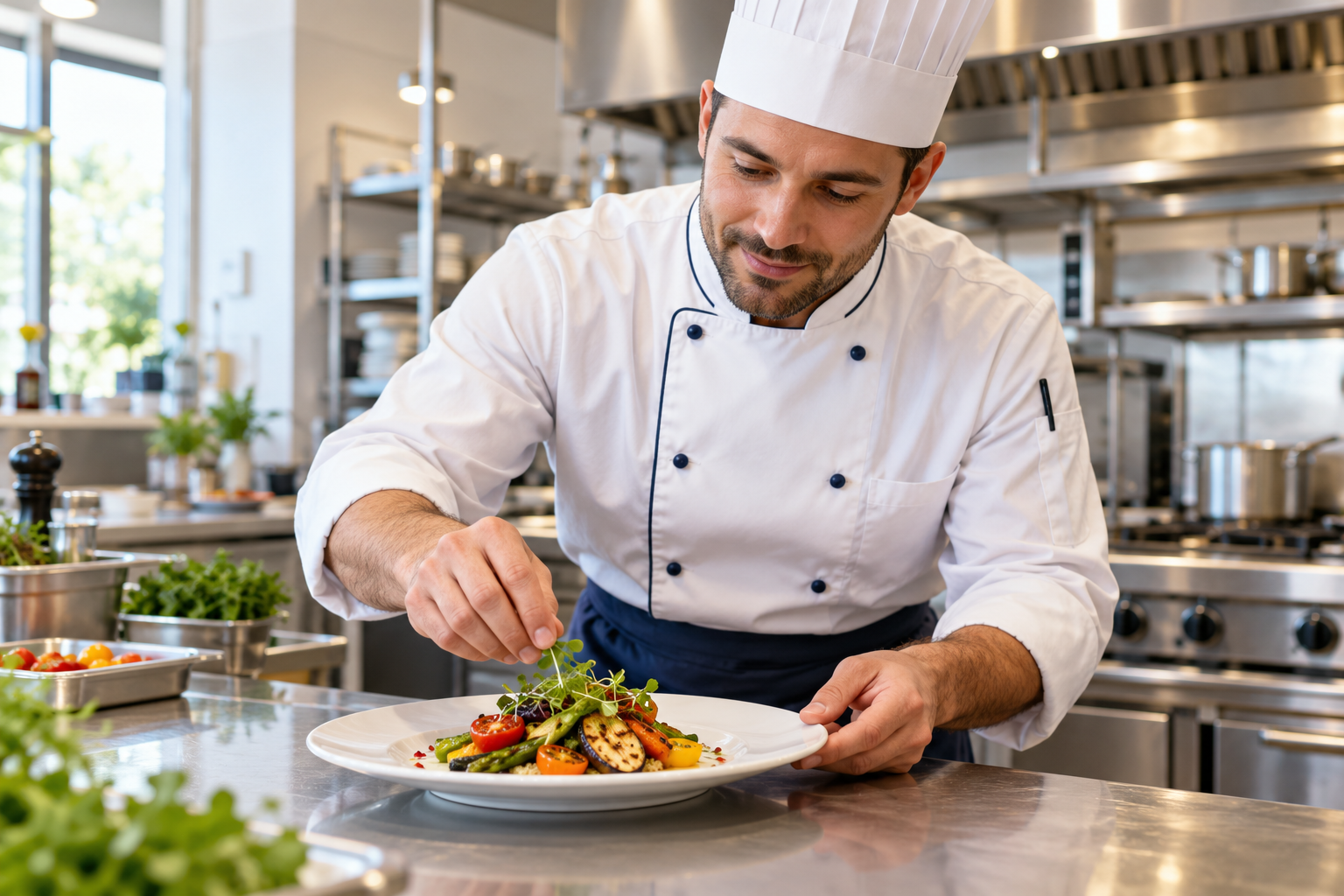 Chef in a white uniform preparing a plate in a commercial kitchen