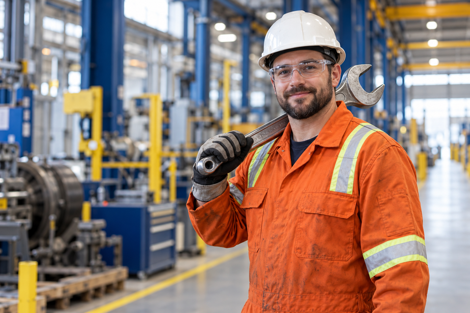 Industrial worker in orange coveralls and safety equipment carrying a wrench