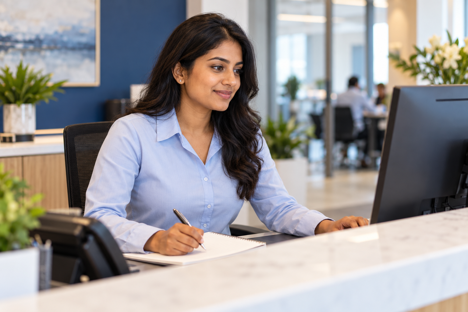 Office professional working at a reception desk