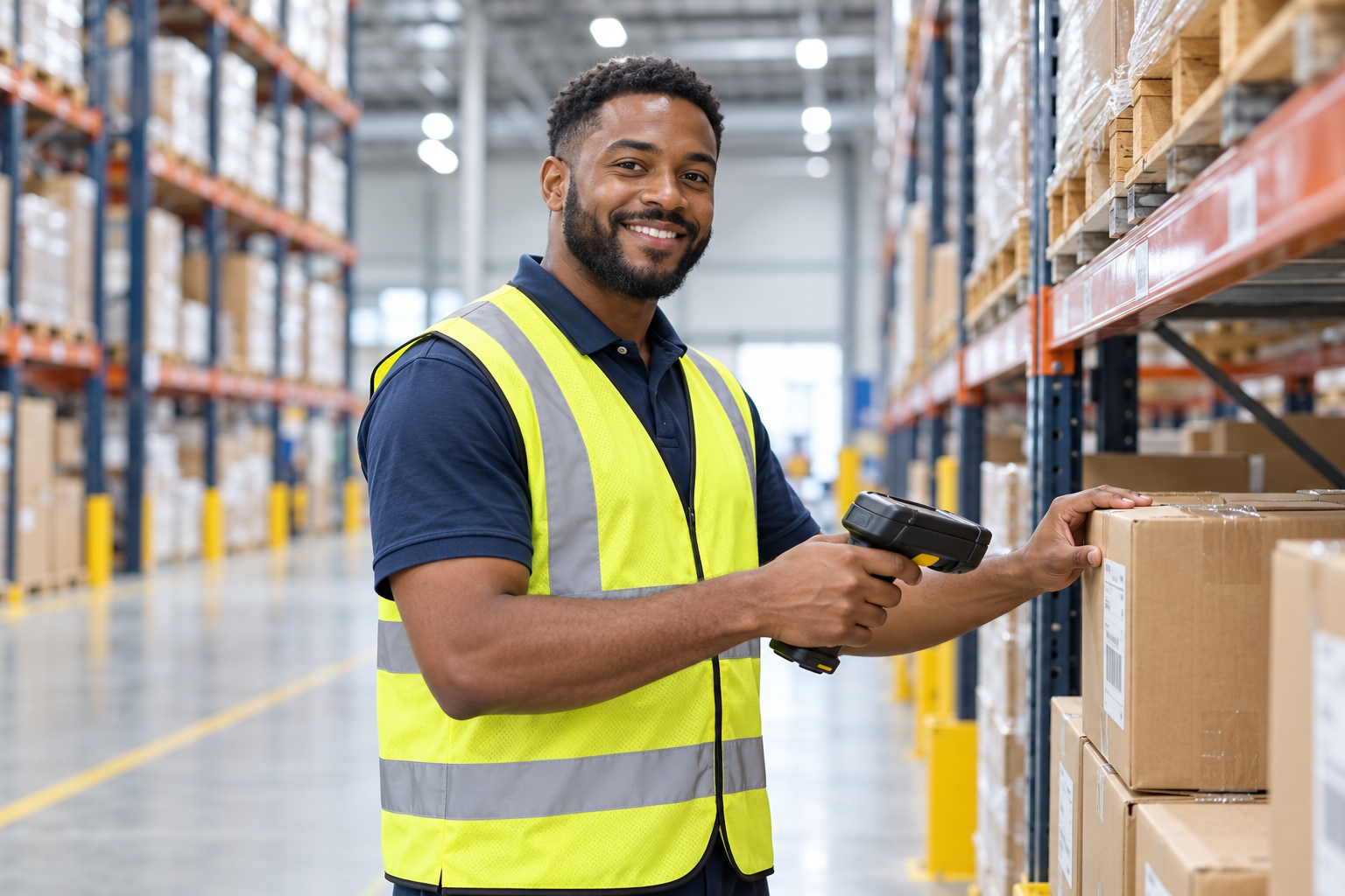 Warehouse associate in a high-visibility vest scanning shipping cartons